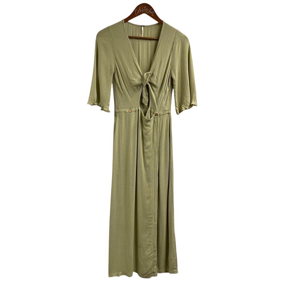 Free People Vintage Summer Midi Dress XS Olive Green Tie Front Cut Out Bohemian